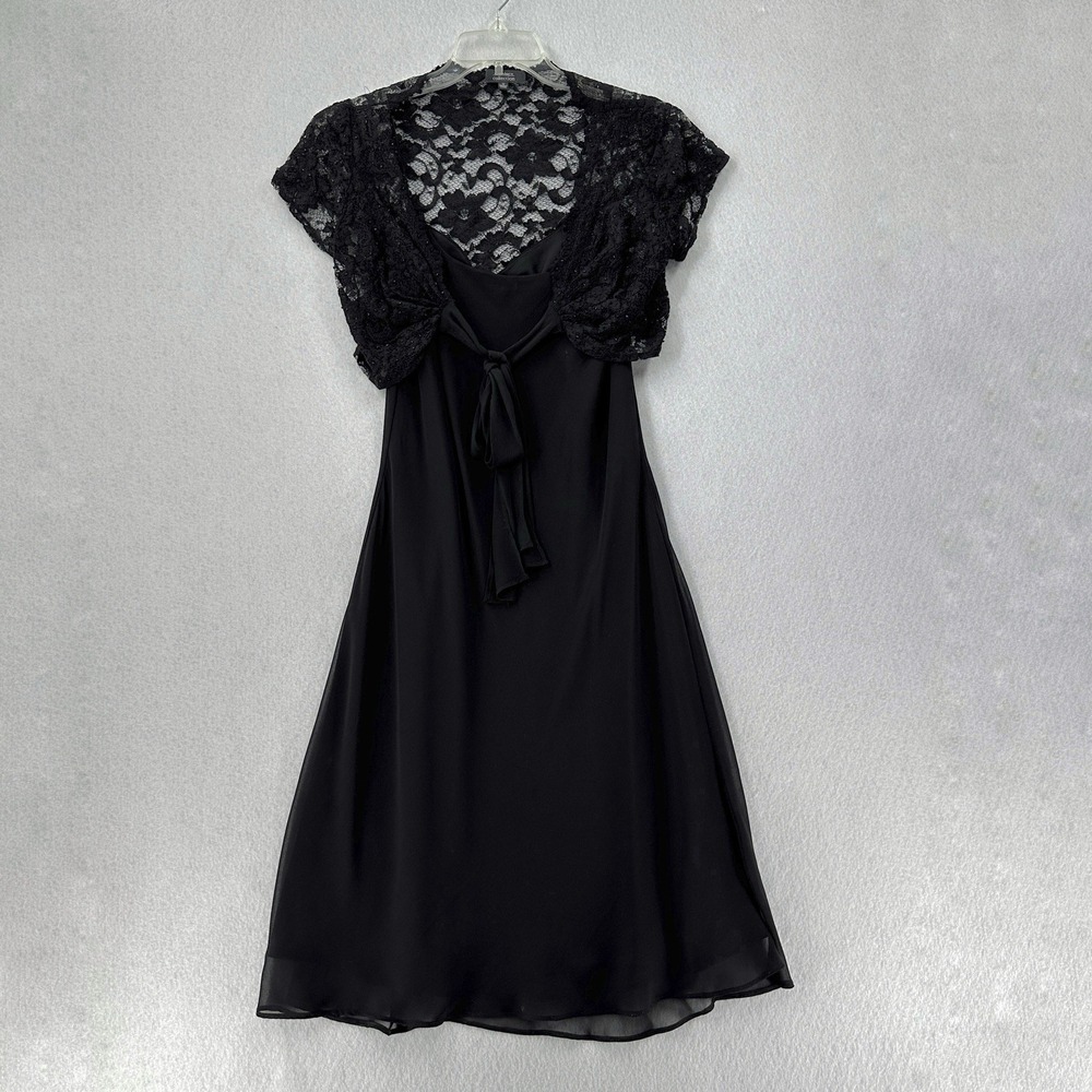Dress Barn Dress Womens 12 Lace Top Black Belted Lined Sleeveless Shift Chiffon